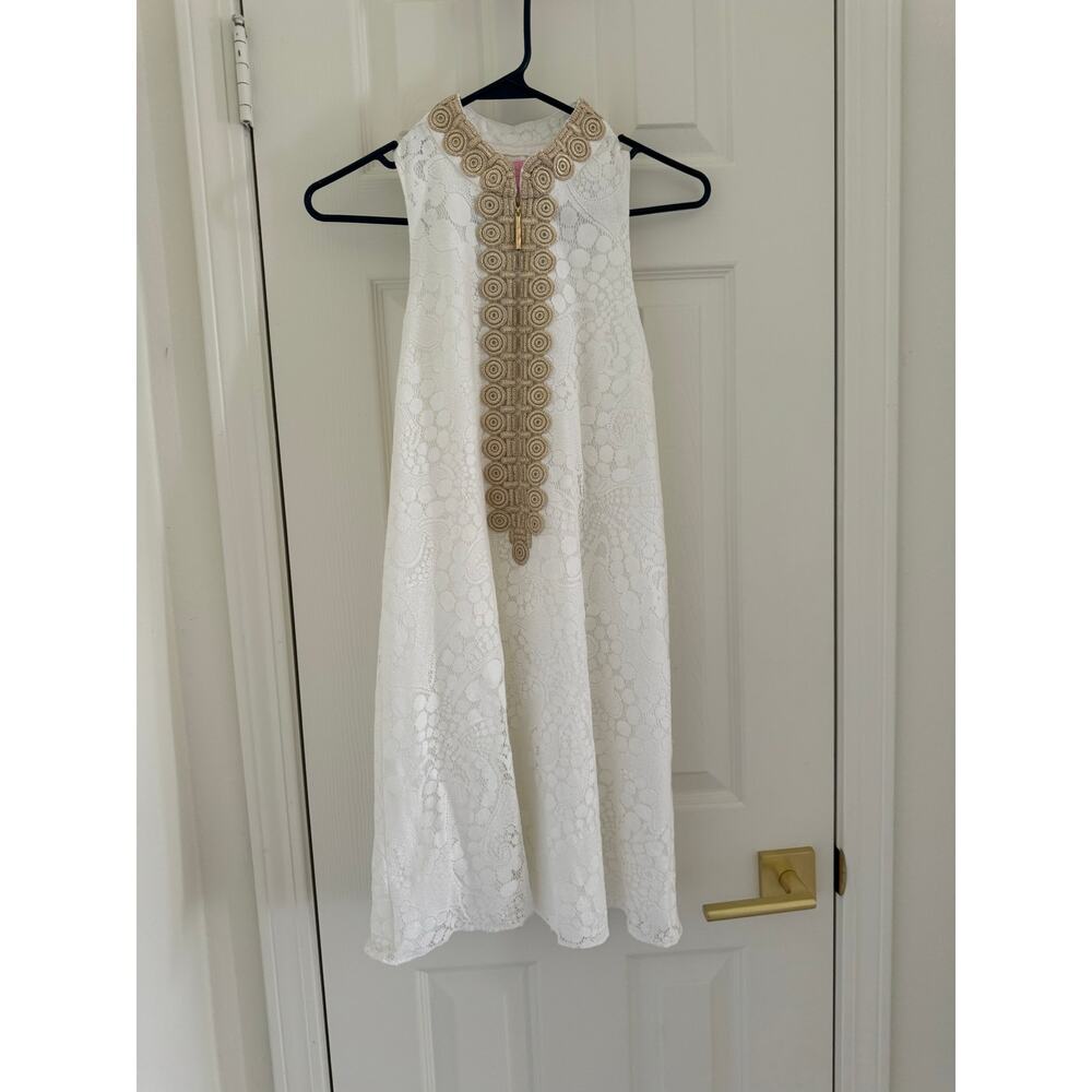 Lilly Pulitzer Jane Shift Dress White Mocean Lace Gold Trim Sleeveless Womens 00 - Picture 2 of 14